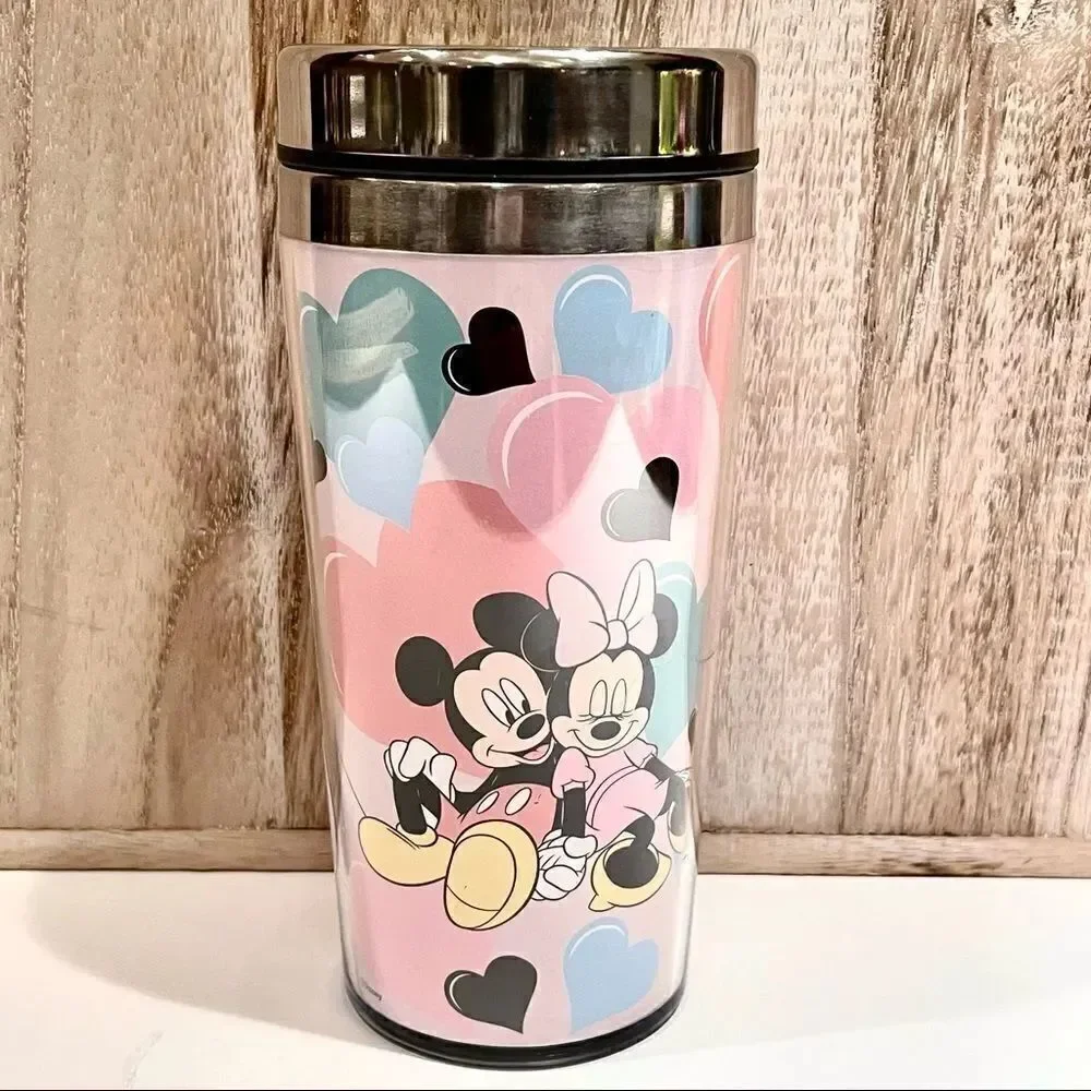 NWT Mickey & Minnie Mouse Silver, black, blue, pink hearts travel Tumbler New